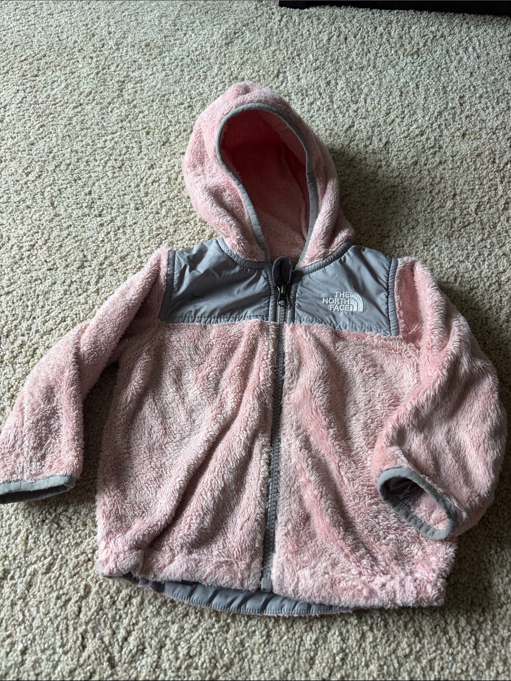 The North Face Girls Pink Fuzzy Hooded Puffer Jacket with Gray Trim